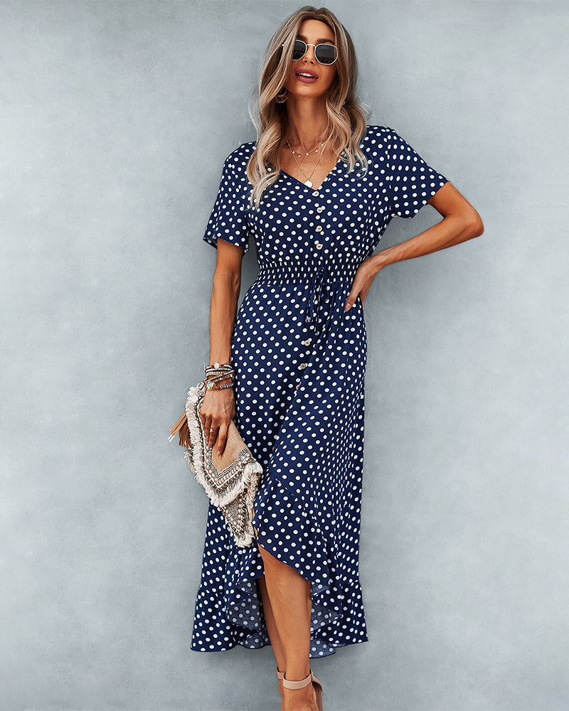 Button Down Polka Dot V Neck Short Sleeve High Low Maxi Dress