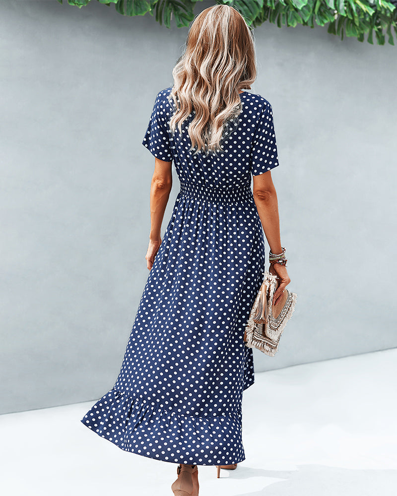 Button Down Polka Dot V Neck Short Sleeve High Low Maxi Dress