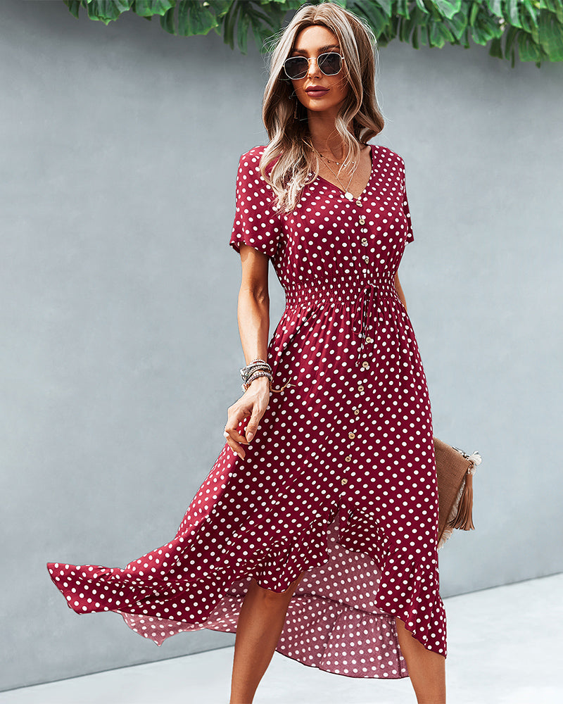 Button Down Polka Dot V Neck Short Sleeve High Low Maxi Dress