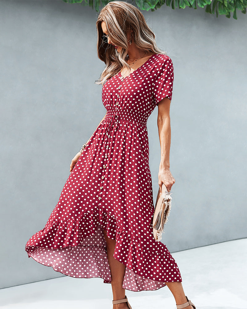 Button Down Polka Dot V Neck Short Sleeve High Low Maxi Dress