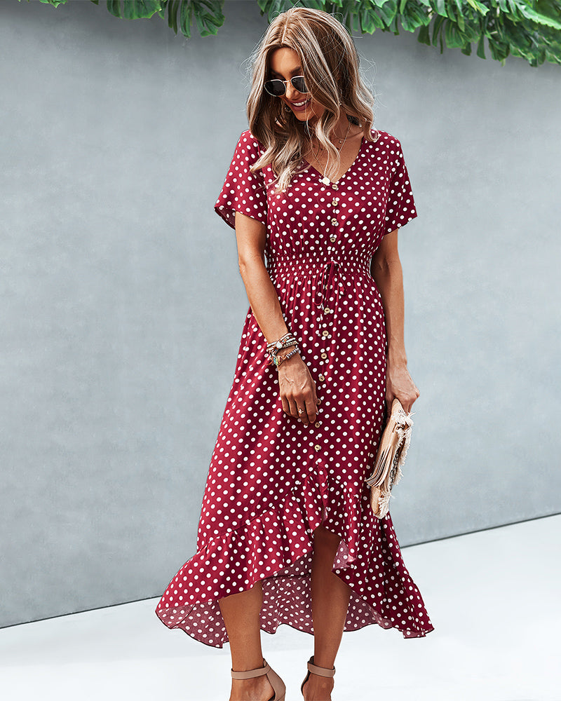 Button Down Polka Dot V Neck Short Sleeve High Low Maxi Dress