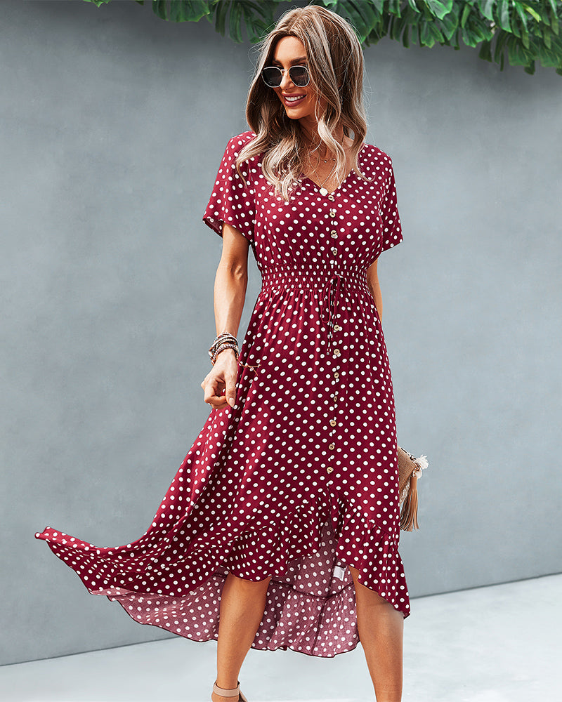 Button Down Polka Dot V Neck Short Sleeve High Low Maxi Dress