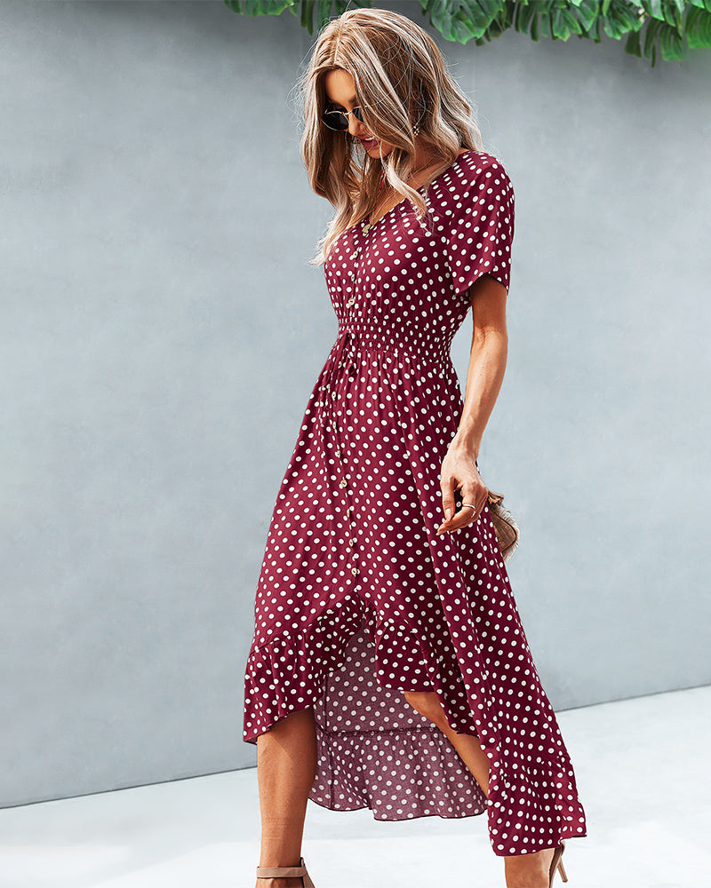 Button Down Polka Dot V Neck Short Sleeve High Low Maxi Dress