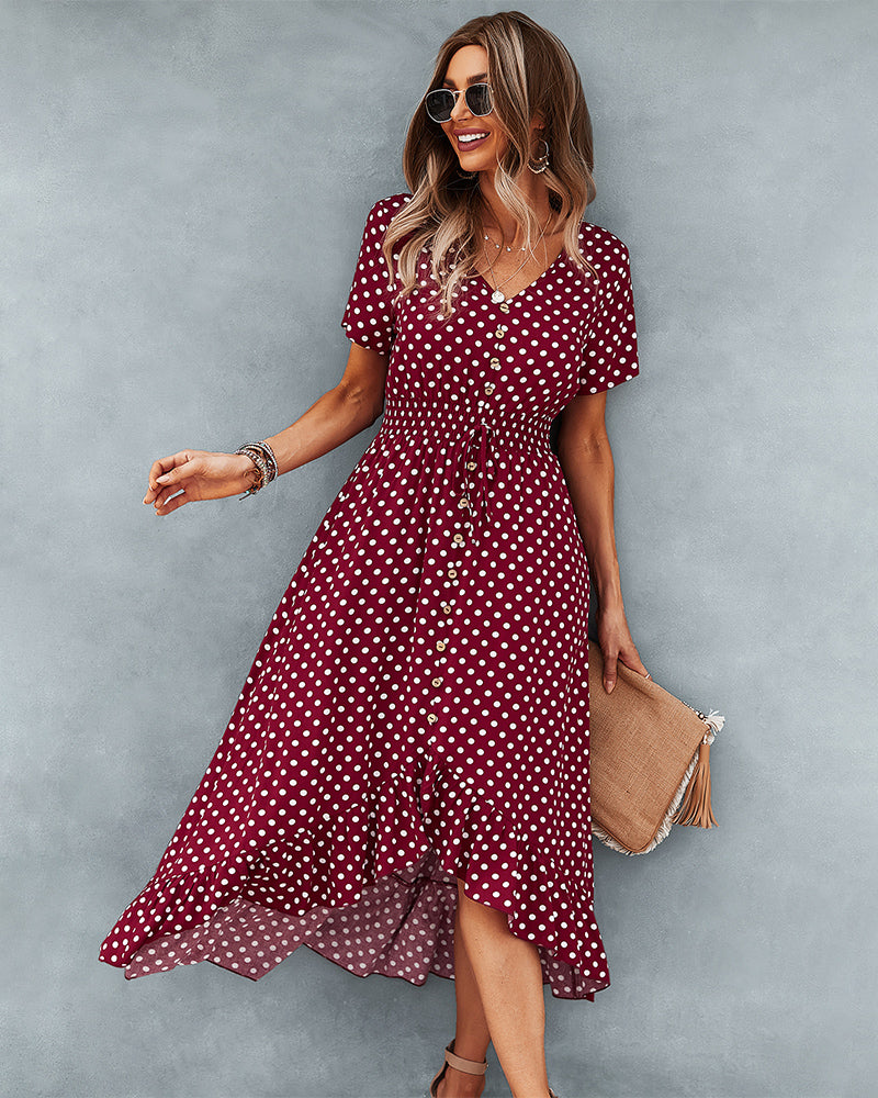 Button Down Polka Dot V Neck Short Sleeve High Low Maxi Dress