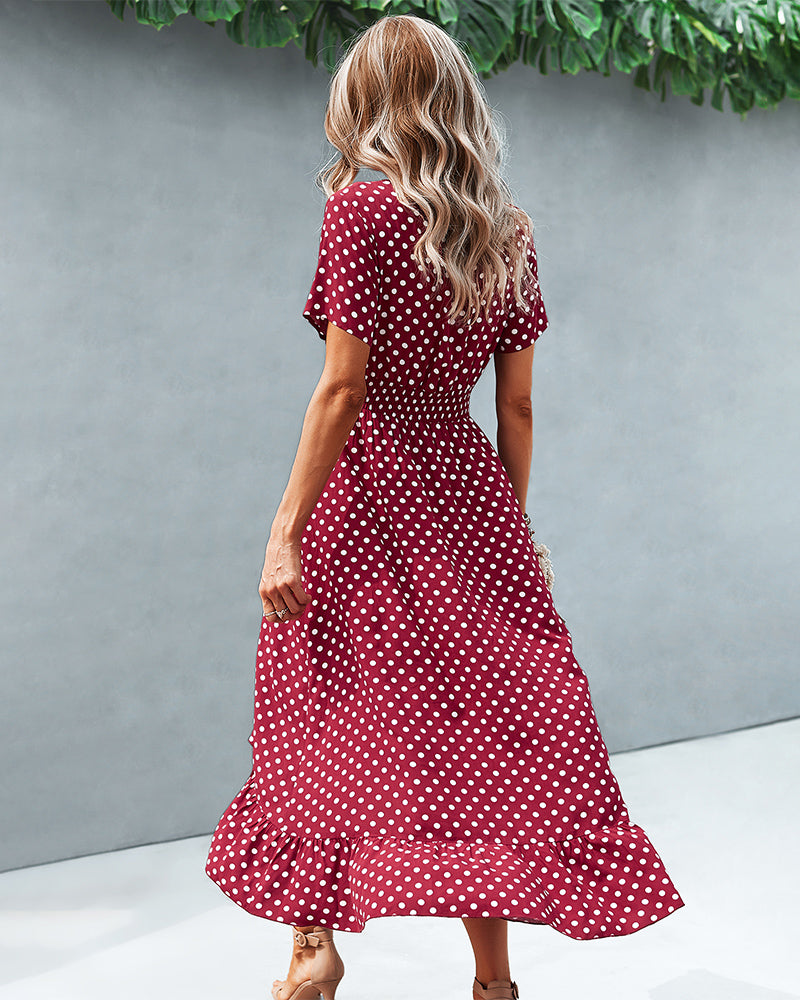 Button Down Polka Dot V Neck Short Sleeve High Low Maxi Dress