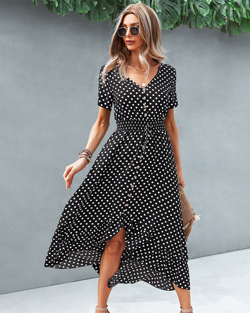 Button Down Polka Dot V Neck Short Sleeve High Low Maxi Dress