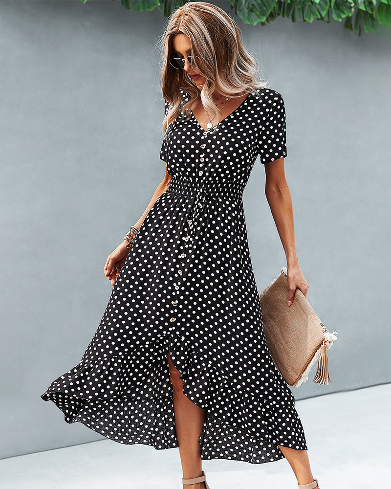 Button Down Polka Dot V Neck Short Sleeve High Low Maxi Dress