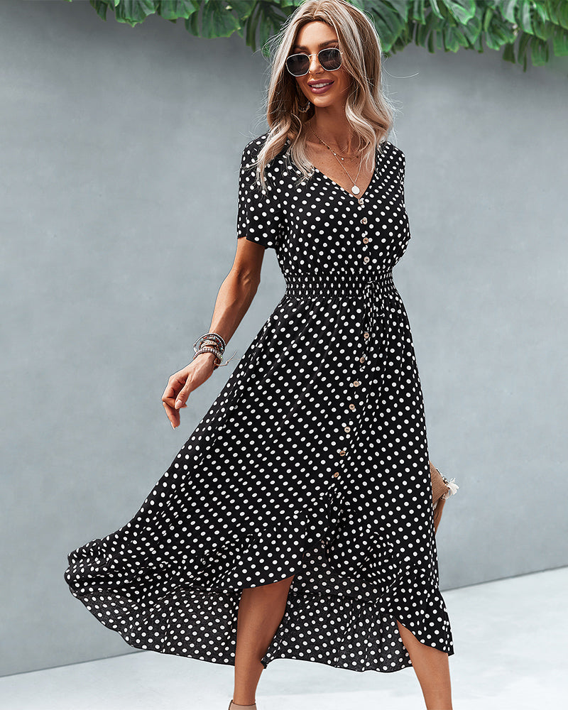 Button Down Polka Dot V Neck Short Sleeve High Low Maxi Dress