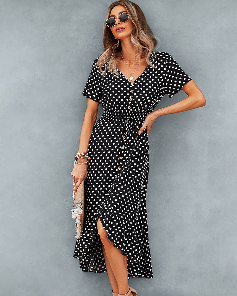 Button Down Polka Dot V Neck Short Sleeve High Low Maxi Dress