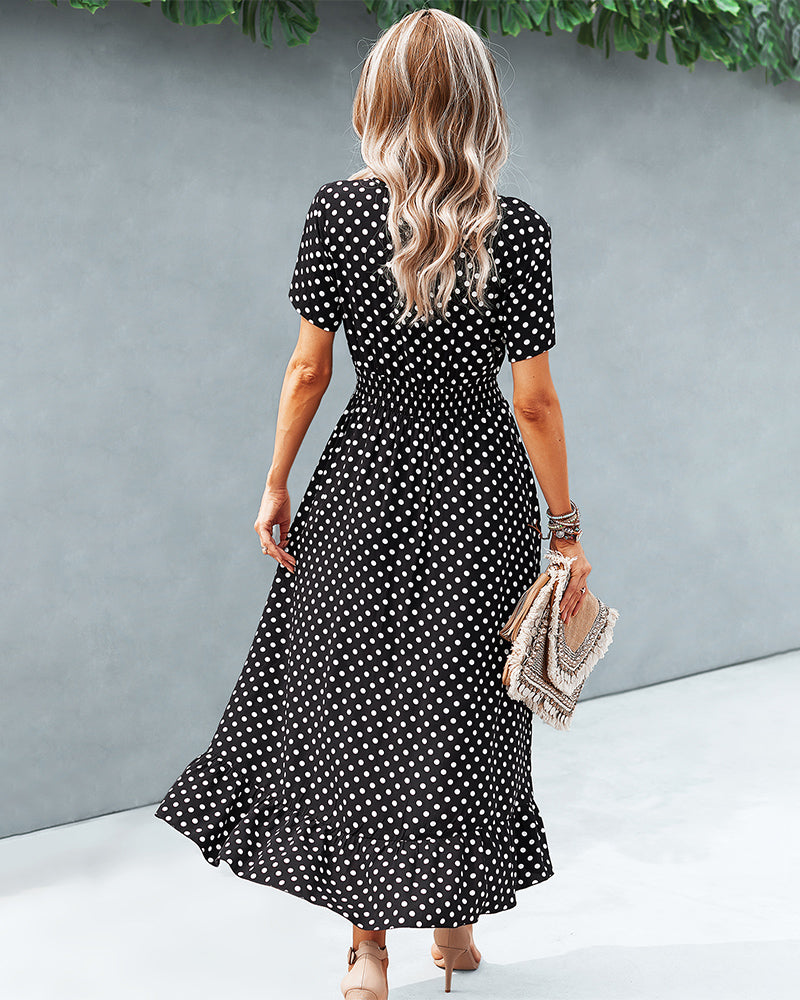 Button Down Polka Dot V Neck Short Sleeve High Low Maxi Dress