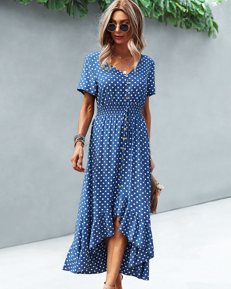 Button Down Polka Dot V Neck Short Sleeve High Low Maxi Dress