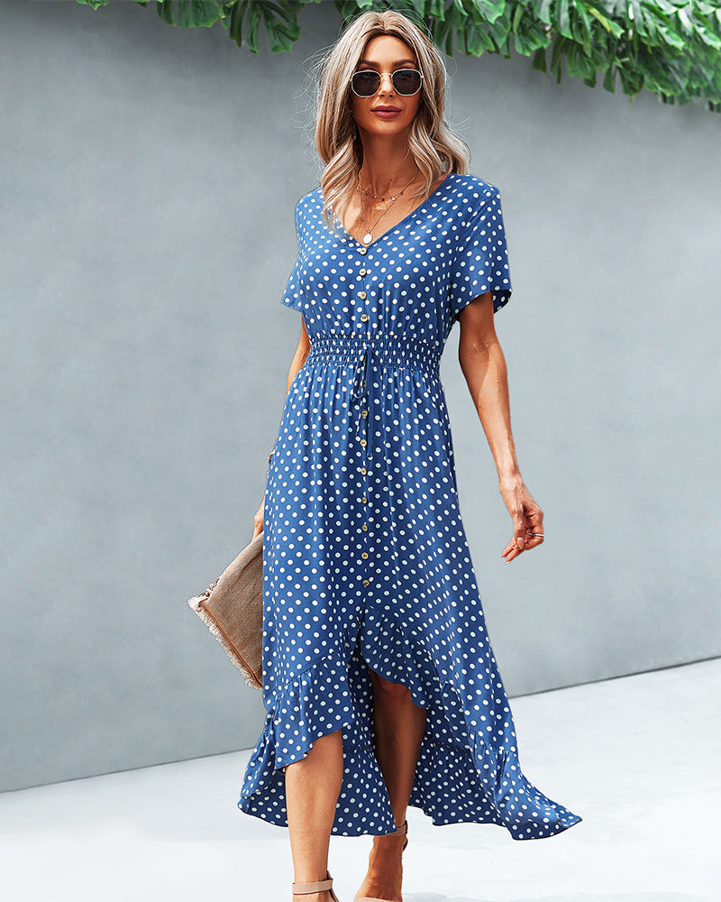 Button Down Polka Dot V Neck Short Sleeve High Low Maxi Dress