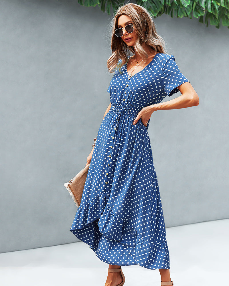 Button Down Polka Dot V Neck Short Sleeve High Low Maxi Dress