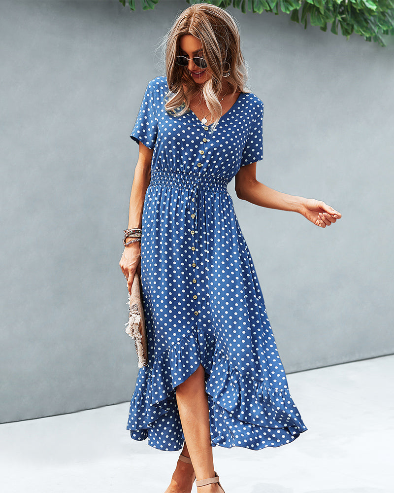 Button Down Polka Dot V Neck Short Sleeve High Low Maxi Dress