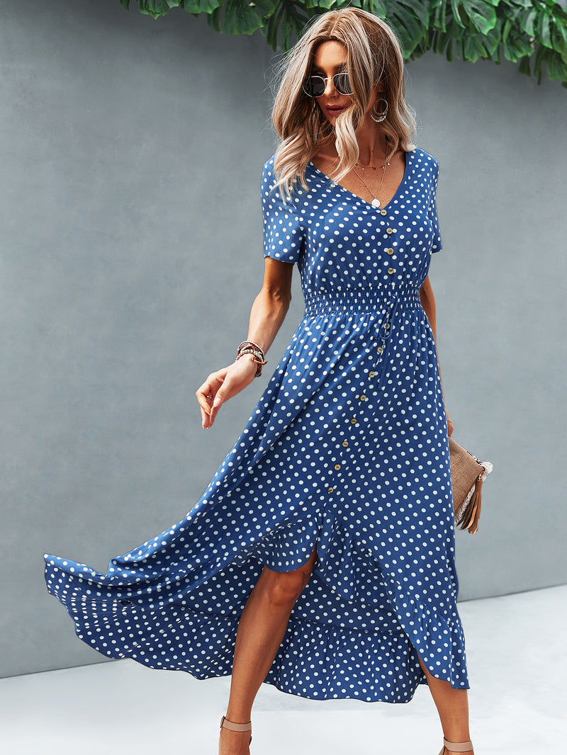 Button Down Polka Dot V Neck Short Sleeve High Low Maxi Dress