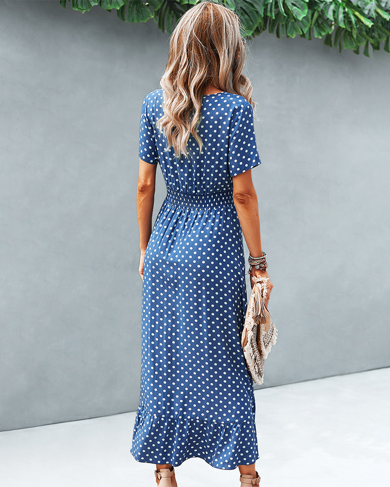 Button Down Polka Dot V Neck Short Sleeve High Low Maxi Dress