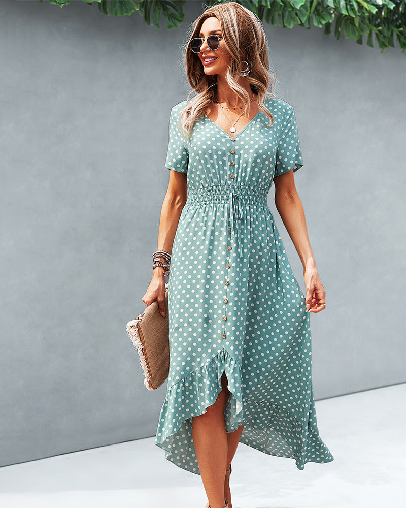 Button Down Polka Dot V Neck Short Sleeve High Low Maxi Dress