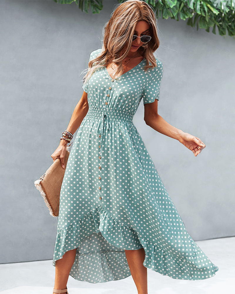 Button Down Polka Dot V Neck Short Sleeve High Low Maxi Dress