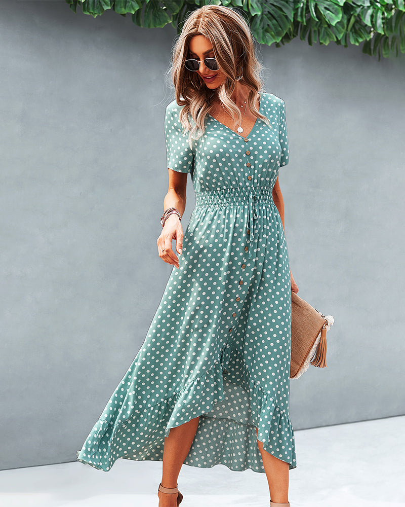 Button Down Polka Dot V Neck Short Sleeve High Low Maxi Dress