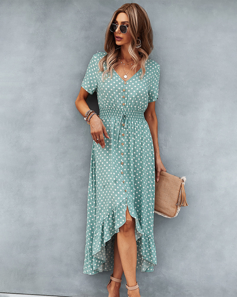 Button Down Polka Dot V Neck Short Sleeve High Low Maxi Dress