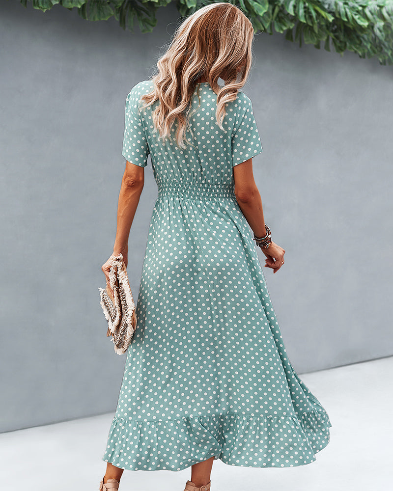 Button Down Polka Dot V Neck Short Sleeve High Low Maxi Dress