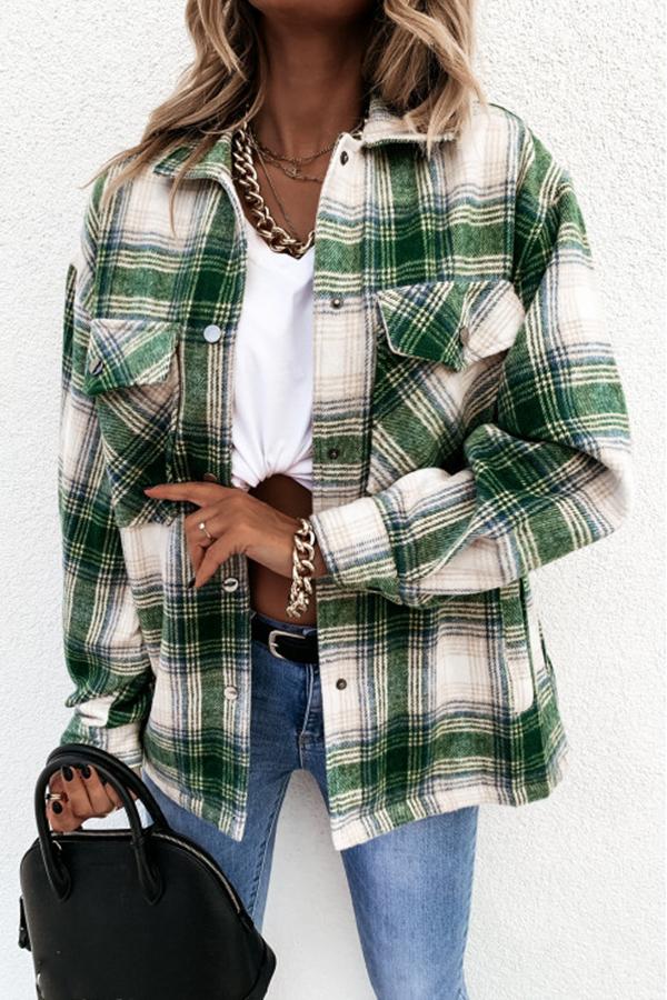 Long Sleeve Plaid Shirt Collar Jacket