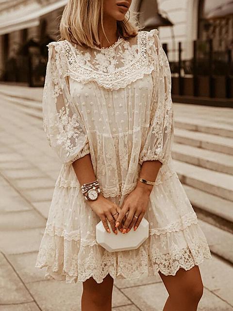 Casual Lace Ruffle Long Sleeve Mesh Mini Dress