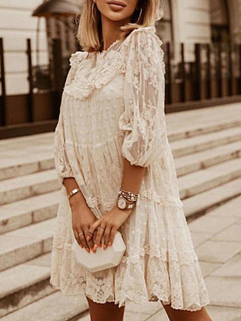 Casual Lace Ruffle Long Sleeve Mesh Mini Dress