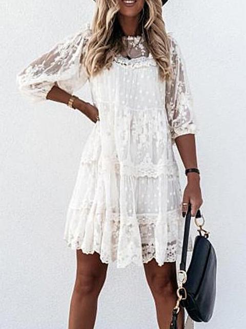 Casual Lace Ruffle Long Sleeve Mesh Mini Dress