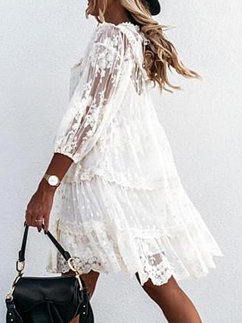 Casual Lace Ruffle Long Sleeve Mesh Mini Dress