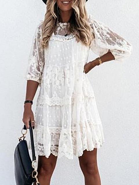 Casual Lace Ruffle Long Sleeve Mesh Mini Dress