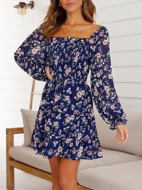 Floral Print High Waist Long Sleeve Mini Dress