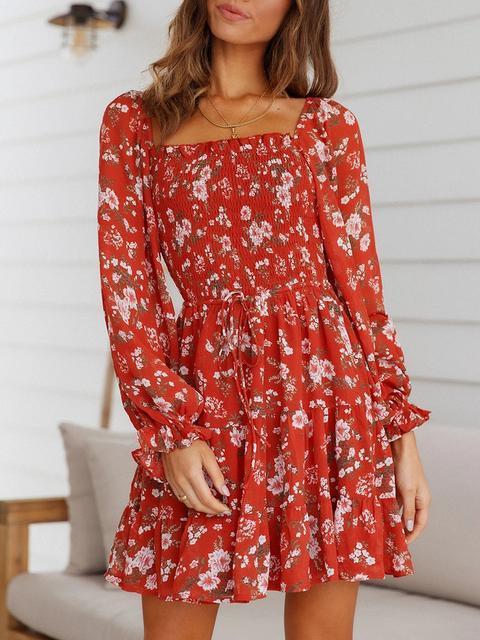 Floral Print High Waist Long Sleeve Mini Dress