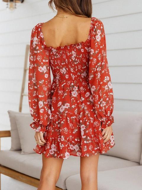 Floral Print High Waist Long Sleeve Mini Dress