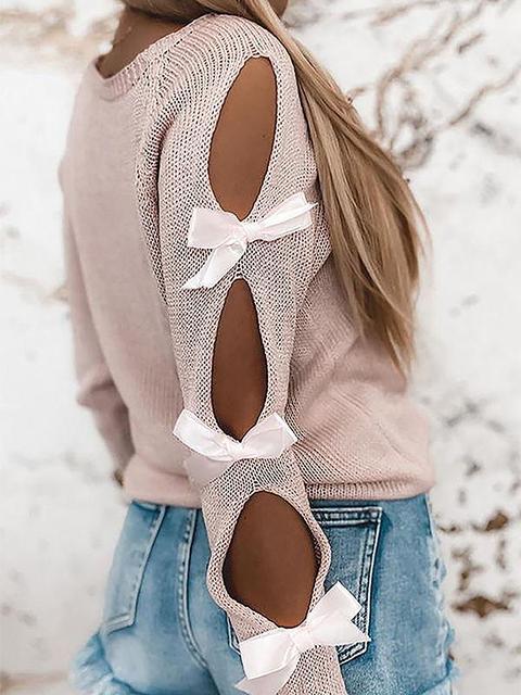 Solid Hollow Bow Long Sleeve Knit Sweater