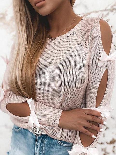 Solid Hollow Bow Long Sleeve Knit Sweater