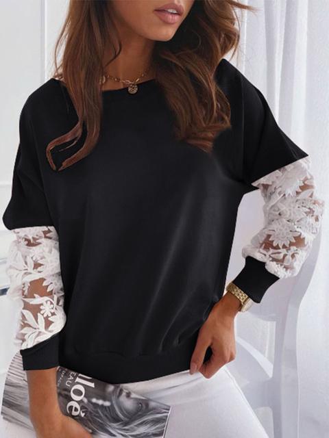 Color Block Lace Round Neck Long Sleeve Sweatshirt