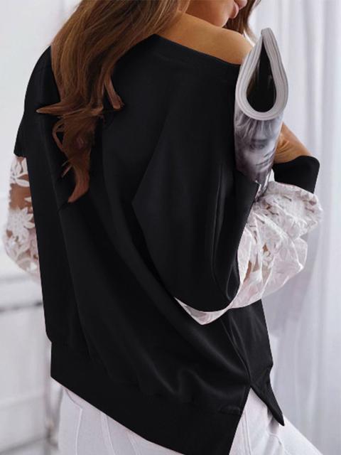 Color Block Lace Round Neck Long Sleeve Sweatshirt