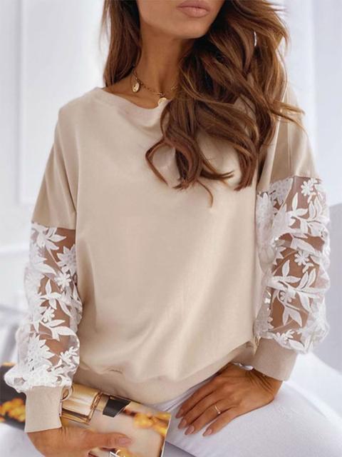 Color Block Lace Round Neck Long Sleeve Sweatshirt