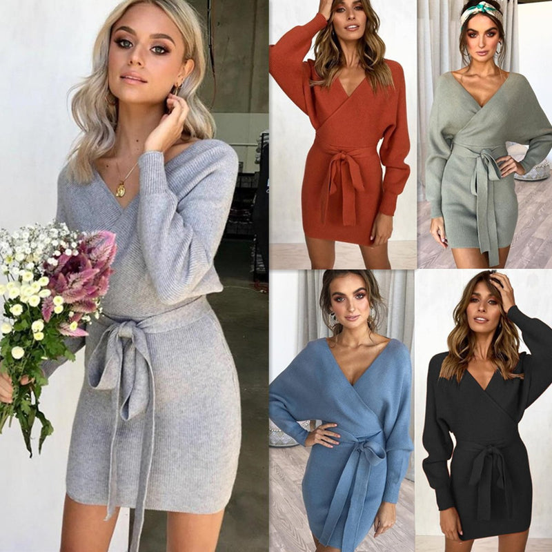 V-neck Knit Waist Belt Long Sleeves Sweater Dress