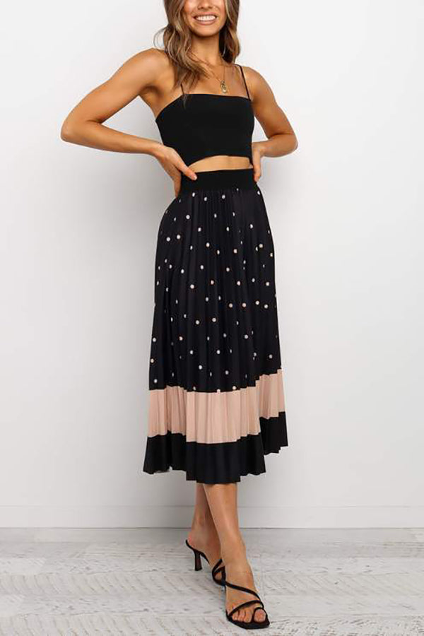 Polka Dot Color Block Pleated Midi Dress