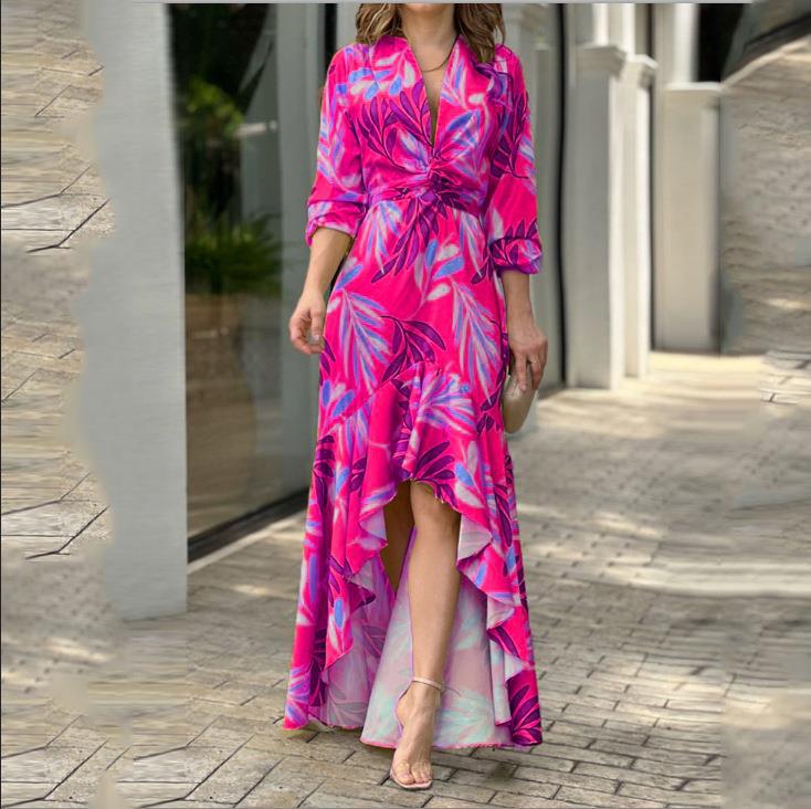 Low High Print V Neck Casual Maxi Dress