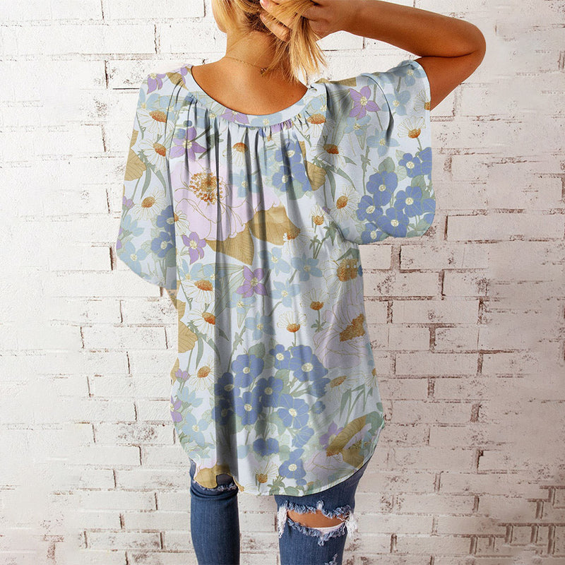 Casual Floral Print V-Neck Short Sleeve Oversize Top Blouse