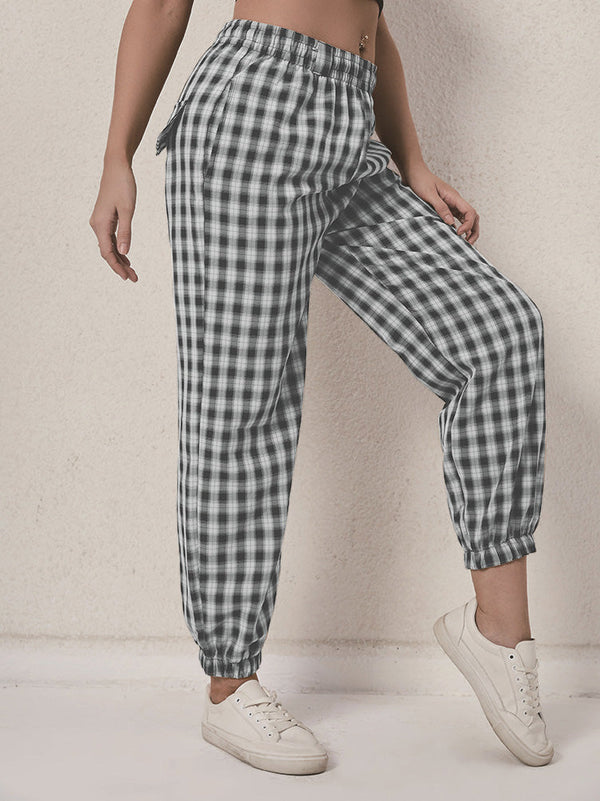 Women's Pants Check Print Elastic Waist Casual Harem Pants