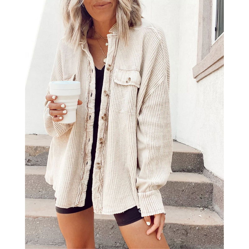 Casual Waffle Knit Long Sleeve Shacket Shirt