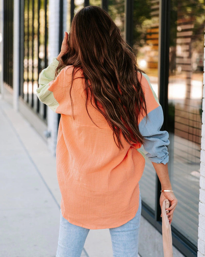 Catch Feels Cotton Colorblock Button Down Top