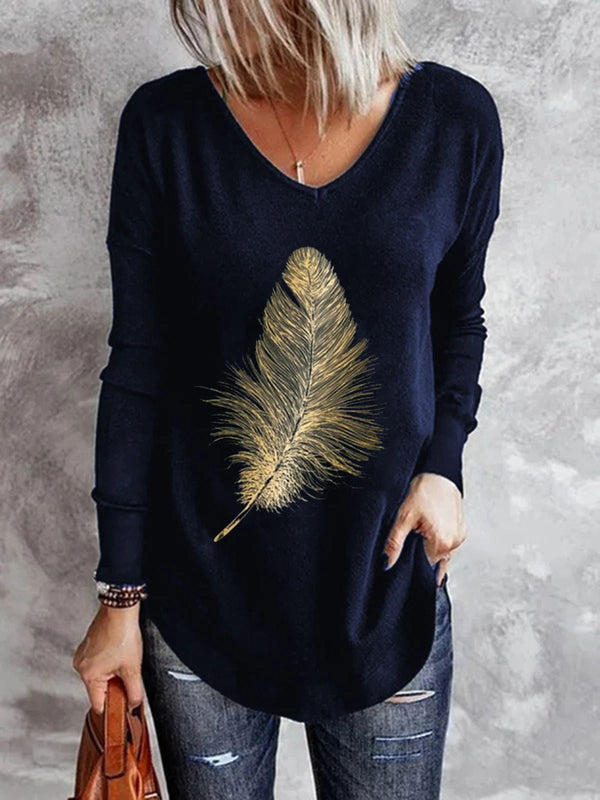 Casual Leaf Print V Neck Pullover Top