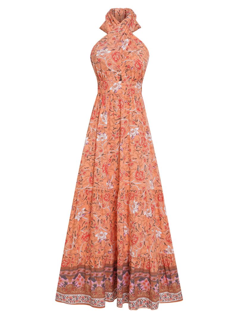 Casual Sleeveless Backless Printed Chiffon Maxi Dress