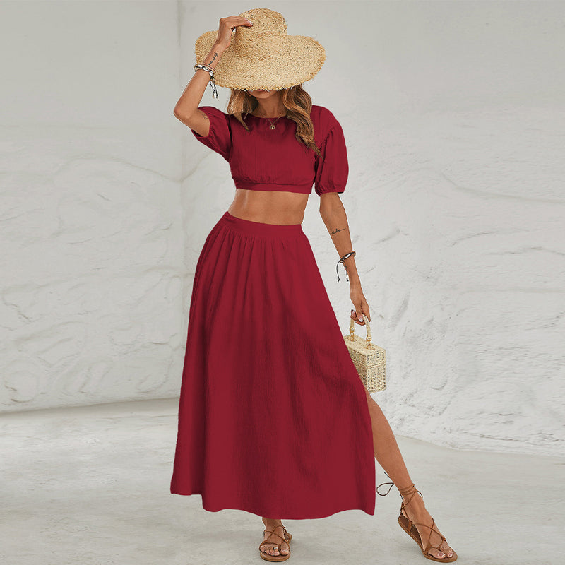 Short Sleeve O-Neck Solid Color Belted Flared Maxi Dress