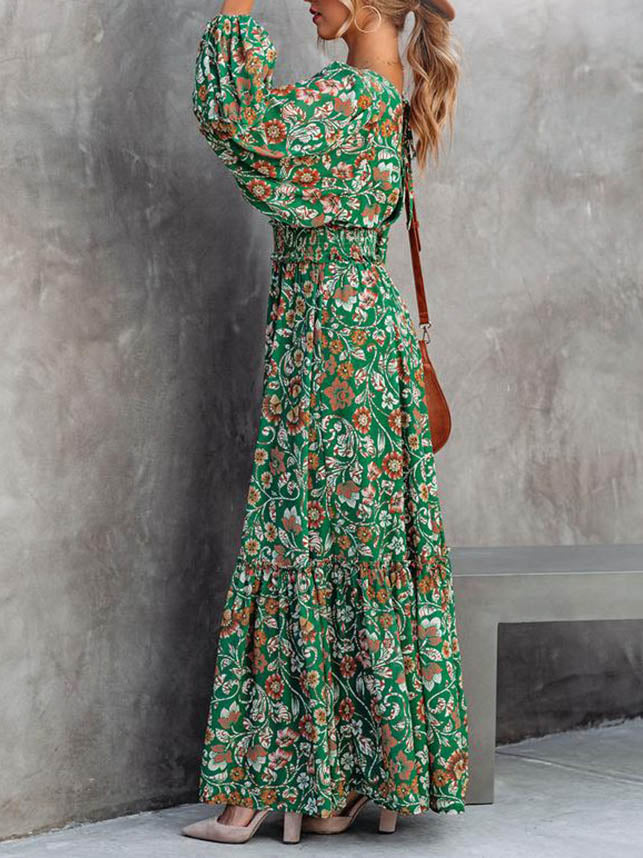 Elastic Waist Long Sleeve V Neck Maxi Loose Dress